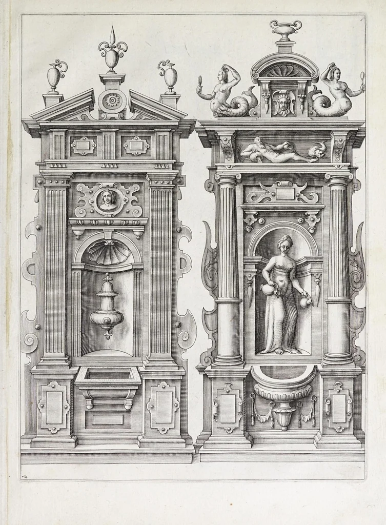 An illustration from Verscheyden schrynwerck, als portalen, kleerkassen, buffetten, ledikanten, tafels, kisten, stoelen, bancken, schabellen, hantdoex-rollen, glasborden en veel andre soorten van wercken, 1630, leaf 77
