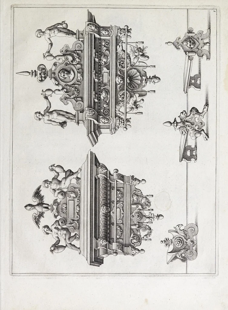 An illustration from Verscheyden schrynwerck, als portalen, kleerkassen, buffetten, ledikanten, tafels, kisten, stoelen, bancken, schabellen, hantdoex-rollen, glasborden en veel andre soorten van wercken, 1630, leaf 79