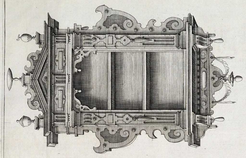 An illustration from Verscheyden schrynwerck, als portalen, kleerkassen, buffetten, ledikanten, tafels, kisten, stoelen, bancken, schabellen, hantdoex-rollen, glasborden en veel andre soorten van wercken, 1630, leaf 83