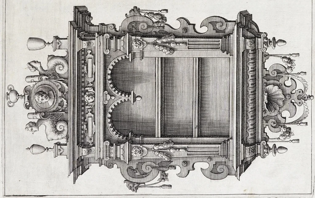 An illustration from Verscheyden schrynwerck, als portalen, kleerkassen, buffetten, ledikanten, tafels, kisten, stoelen, bancken, schabellen, hantdoex-rollen, glasborden en veel andre soorten van wercken, 1630, leaf 83