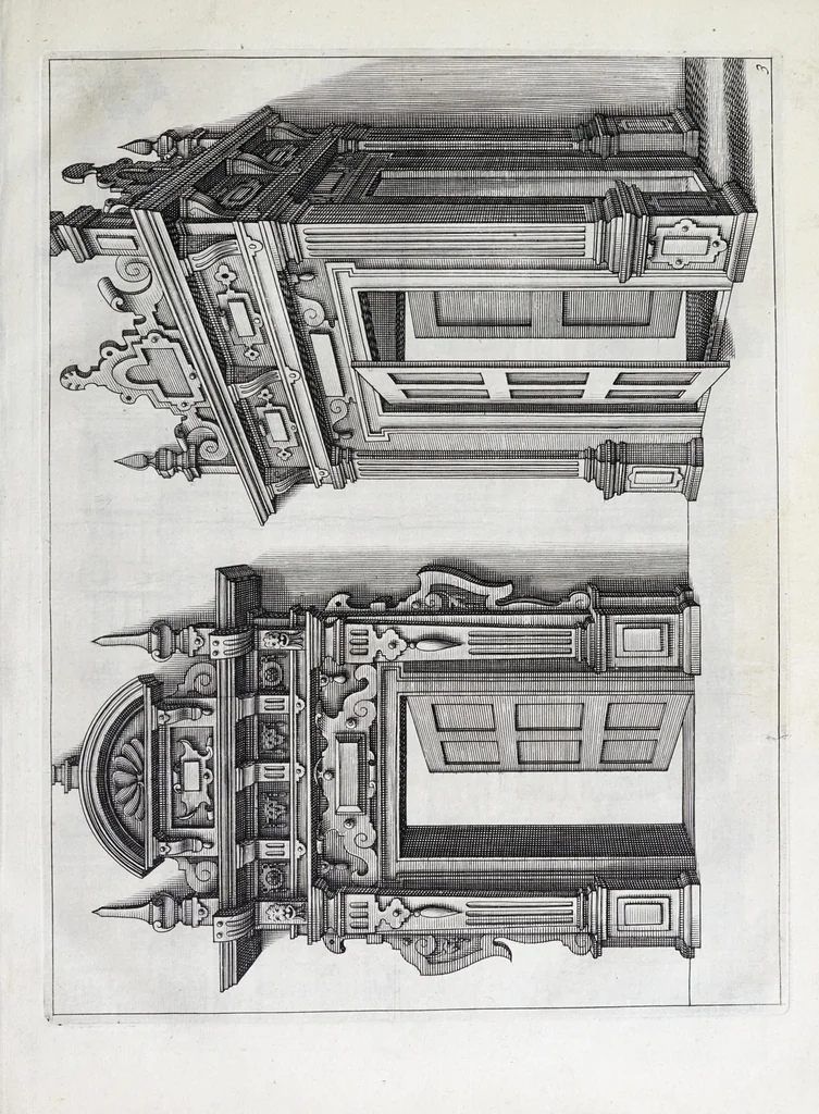 An illustration from Verscheyden schrynwerck, als portalen, kleerkassen, buffetten, ledikanten, tafels, kisten, stoelen, bancken, schabellen, hantdoex-rollen, glasborden en veel andre soorten van wercken, 1630, leaf 9