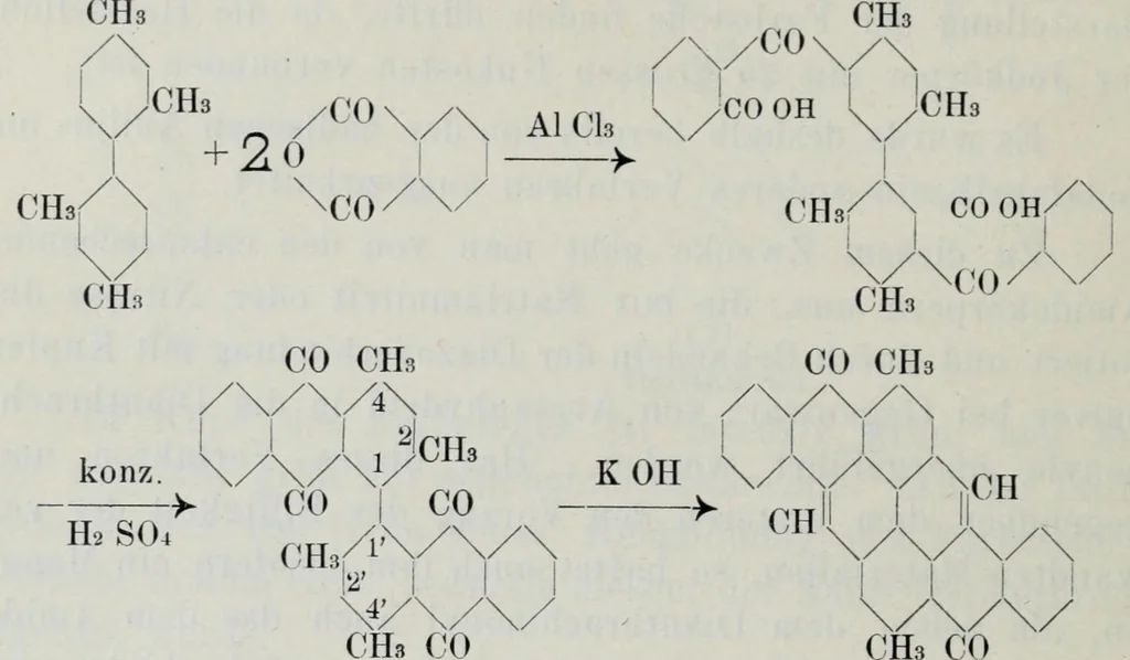 An illustration from Versuche zur Einfürung mehrerer Phtalsäurereste in aromatische Verbindungen und zur Darstellung neuer Küpenfarbstoffe der Anthracenreihe : Anhang - über die Reduktion der o-benzoylbenzoesäure, von der Technischen Hochschule "Fridericiana" zu Karlsruhe genehmigte Dissertation zur erlangung der Würde eines Doktor-Ingenieurs, 1908, leaf 14