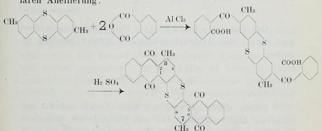 An illustration from Versuche zur Einfürung mehrerer Phtalsäurereste in aromatische Verbindungen und zur Darstellung neuer Küpenfarbstoffe der Anthracenreihe : Anhang - über die Reduktion der o-benzoylbenzoesäure, von der Technischen Hochschule "Fridericiana" zu Karlsruhe genehmigte Dissertation zur erlangung der Würde eines Doktor-Ingenieurs, 1908, leaf 57