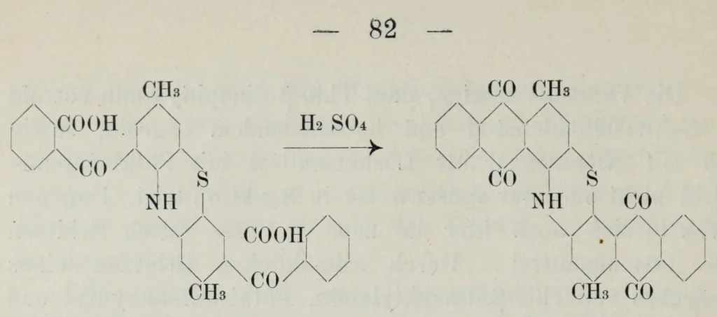 An illustration from Versuche zur Einfürung mehrerer Phtalsäurereste in aromatische Verbindungen und zur Darstellung neuer Küpenfarbstoffe der Anthracenreihe : Anhang - über die Reduktion der o-benzoylbenzoesäure, von der Technischen Hochschule "Fridericiana" zu Karlsruhe genehmigte Dissertation zur erlangung der Würde eines Doktor-Ingenieurs, 1908, leaf 82