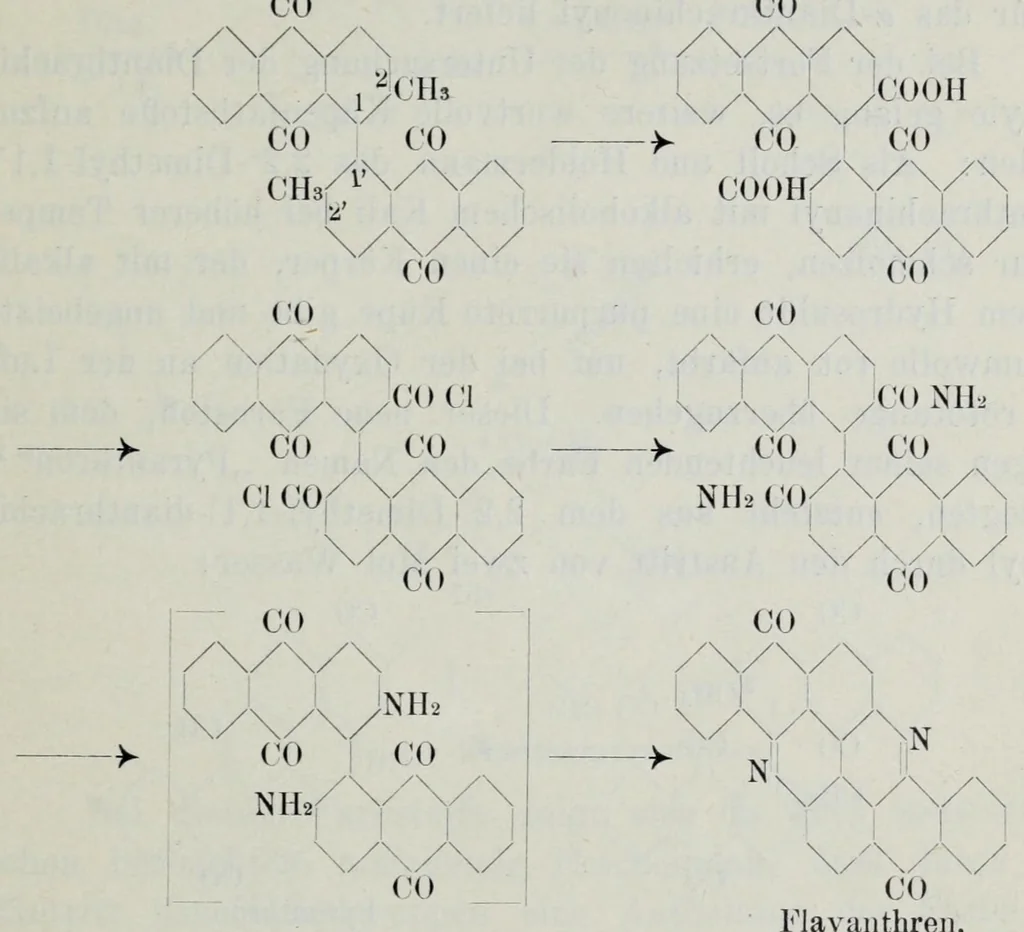 An illustration from Versuche zur Einfürung mehrerer Phtalsäurereste in aromatische Verbindungen und zur Darstellung neuer Küpenfarbstoffe der Anthracenreihe : Anhang - über die Reduktion der o-benzoylbenzoesäure, von der Technischen Hochschule "Fridericiana" zu Karlsruhe genehmigte Dissertation zur erlangung der Würde eines Doktor-Ingenieurs, 1908, leaf 9