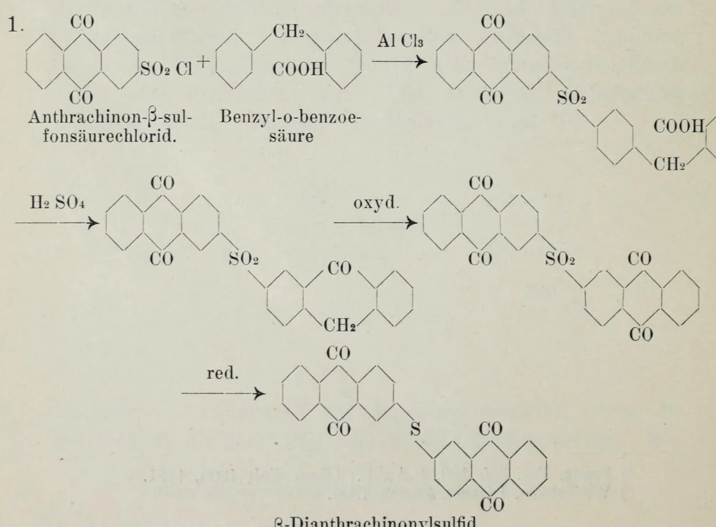 An illustration from Versuche zur Einfürung mehrerer Phtalsäurereste in aromatische Verbindungen und zur Darstellung neuer Küpenfarbstoffe der Anthracenreihe : Anhang - über die Reduktion der o-benzoylbenzoesäure, von der Technischen Hochschule "Fridericiana" zu Karlsruhe genehmigte Dissertation zur erlangung der Würde eines Doktor-Ingenieurs, 1908, leaf 96