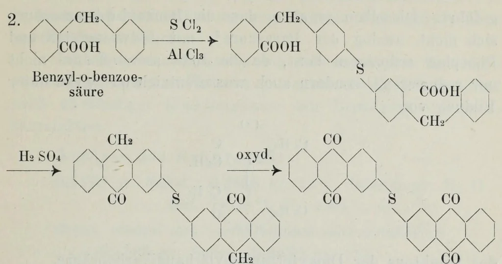 An illustration from Versuche zur Einfürung mehrerer Phtalsäurereste in aromatische Verbindungen und zur Darstellung neuer Küpenfarbstoffe der Anthracenreihe : Anhang - über die Reduktion der o-benzoylbenzoesäure, von der Technischen Hochschule "Fridericiana" zu Karlsruhe genehmigte Dissertation zur erlangung der Würde eines Doktor-Ingenieurs, 1908, leaf 97