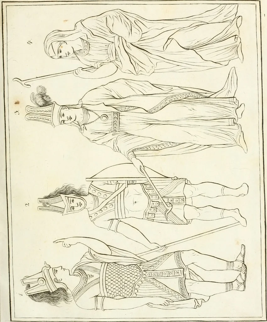 An illustration from Versuch über Gebräuche, Kleidung und Waffen der ältesten Völker bis auf Constantin den Grossen : nebst einigen Anmerkungen über die Schaubühne, 1802, leaf 130