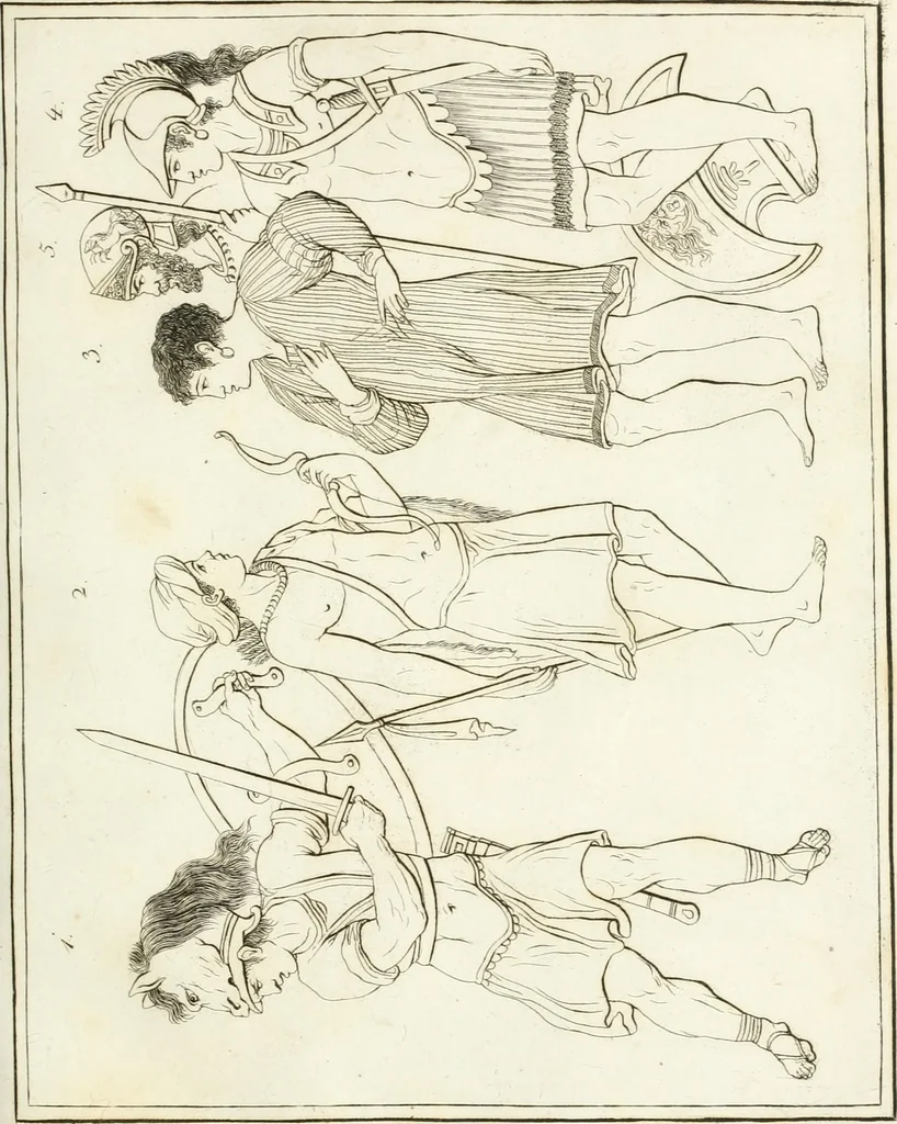 An illustration from Versuch über Gebräuche, Kleidung und Waffen der ältesten Völker bis auf Constantin den Grossen : nebst einigen Anmerkungen über die Schaubühne, 1802, leaf 136