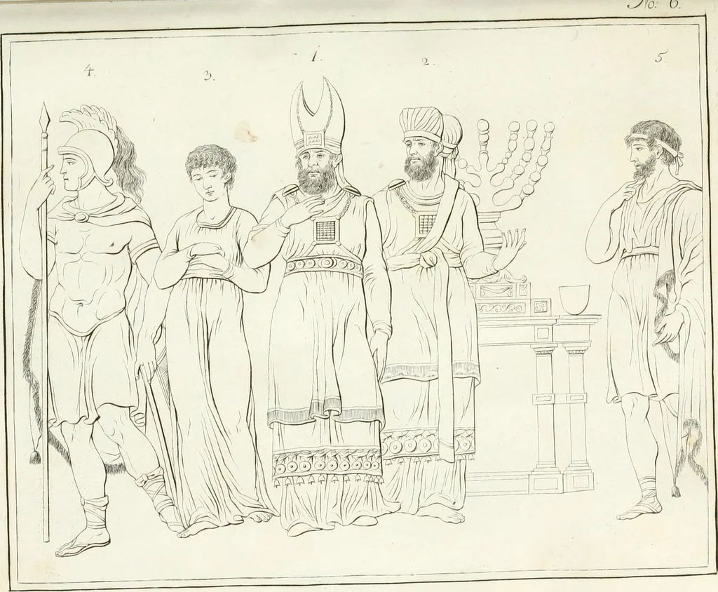 An illustration from Versuch über Gebräuche, Kleidung und Waffen der ältesten Völker bis auf Constantin den Grossen : nebst einigen Anmerkungen über die Schaubühne, 1802, leaf 140