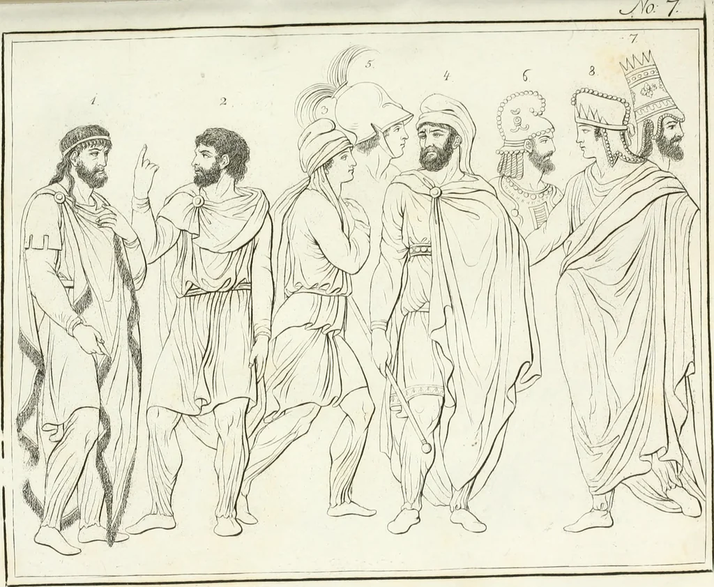 An illustration from Versuch über Gebräuche, Kleidung und Waffen der ältesten Völker bis auf Constantin den Grossen : nebst einigen Anmerkungen über die Schaubühne, 1802, leaf 142