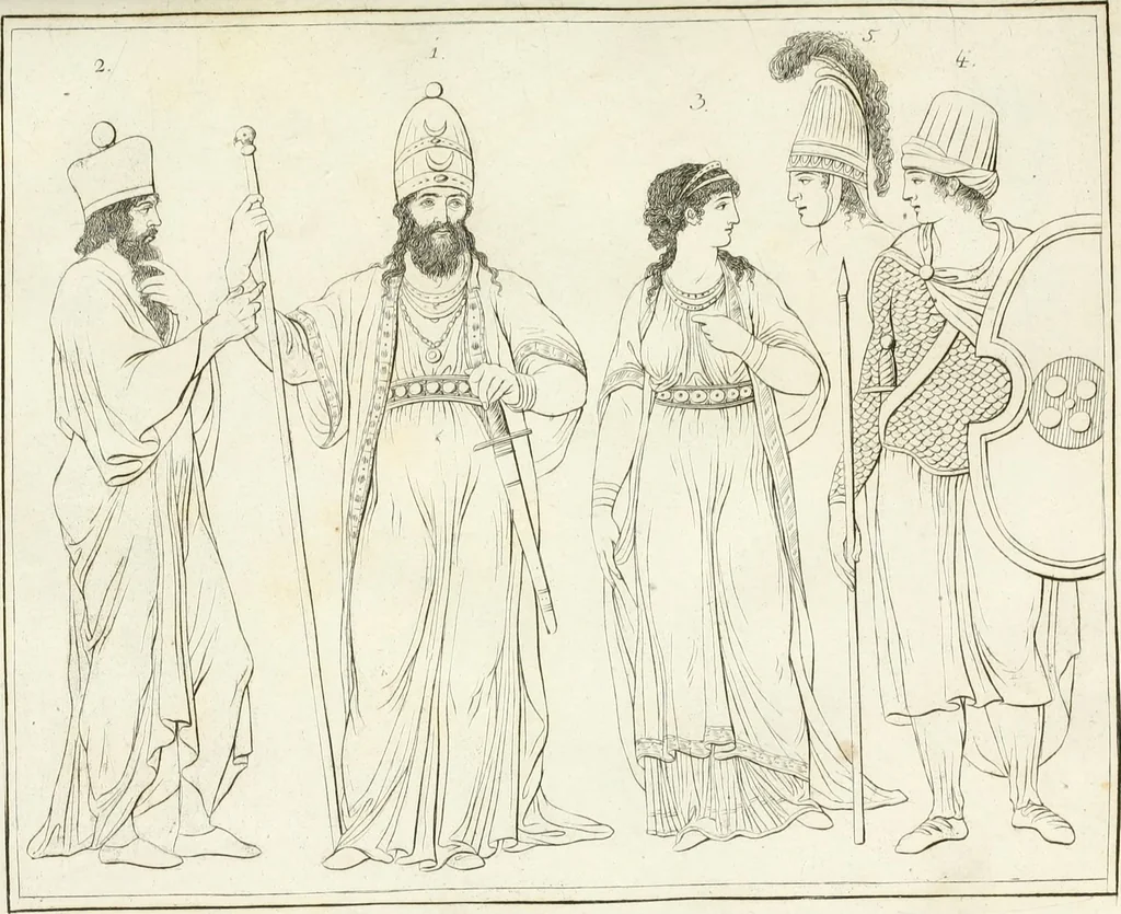 An illustration from Versuch über Gebräuche, Kleidung und Waffen der ältesten Völker bis auf Constantin den Grossen : nebst einigen Anmerkungen über die Schaubühne, 1802, leaf 146