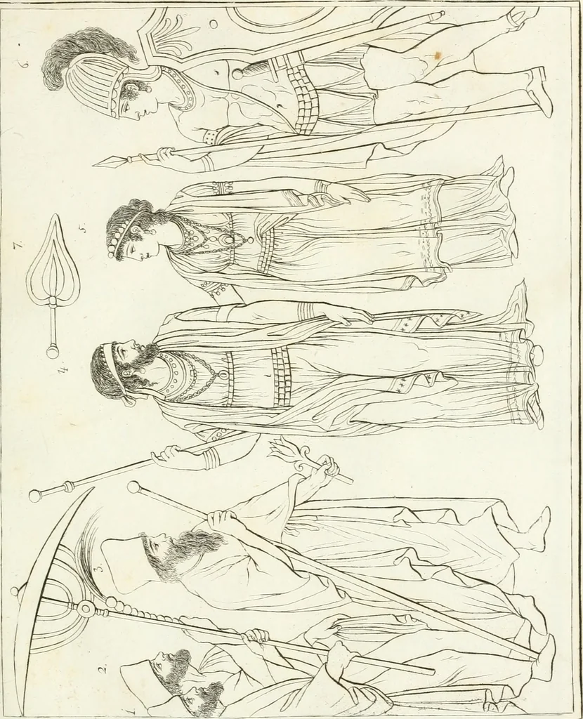 An illustration from Versuch über Gebräuche, Kleidung und Waffen der ältesten Völker bis auf Constantin den Grossen : nebst einigen Anmerkungen über die Schaubühne, 1802, leaf 148