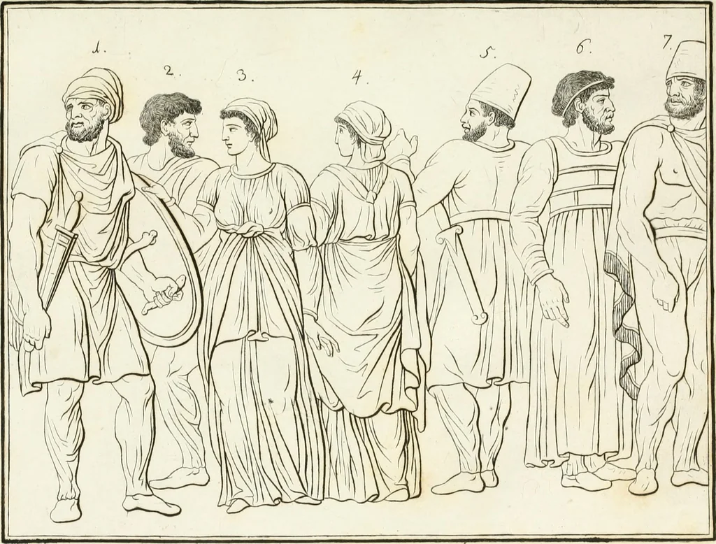 An illustration from Versuch über Gebräuche, Kleidung und Waffen der ältesten Völker bis auf Constantin den Grossen : nebst einigen Anmerkungen über die Schaubühne, 1802, leaf 152
