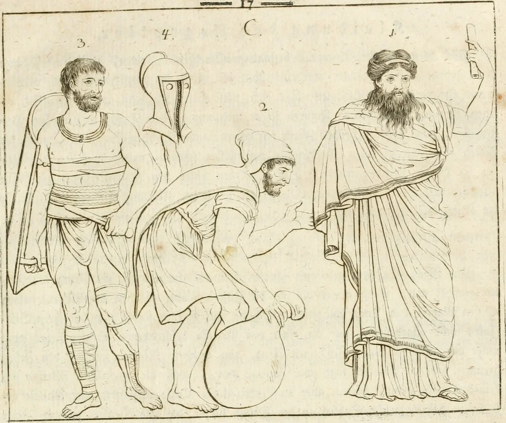 An illustration from Versuch über Gebräuche, Kleidung und Waffen der ältesten Völker bis auf Constantin den Grossen : nebst einigen Anmerkungen über die Schaubühne, 1802, leaf 22