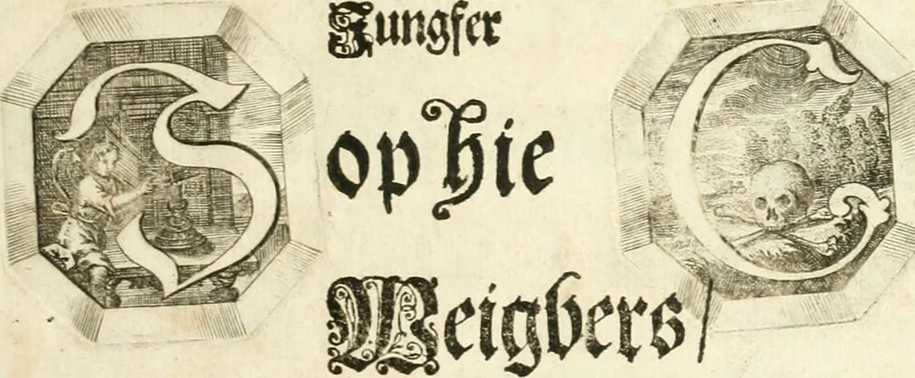 An illustration from Versüssete Bitterkeit, im Leben, Lieben und Leiden : angewiesen von dem Apostel I. Corinth. X. 13. und zu allgemeinen Trost in allerhand geistlichen und leiblichen Anfechtungen, als die weiland mit reiner Gottes-Furcht und edler Tugend-begabte Jungfer Sophie Charlotte Weigbers, den 13. Martij Morgens umb 10. Uhr des 1683. Jahrs, ihr Christlich und rühmlich-geführtes Leben im 14. Jahr Ihres Alters, mit ungemeiner Gedult und Freuden-Müthigkeit in wahren Glauben und Vertrauen auff das theurste verdienst Jesu Christij seelig beschlossen : und dero entseelter Leib den 20. Martij bey hoher Gegenwart und sonst ungemeiner Volckreicher Versamlung in der teutschen Kirchen zu S. Peter allhie seiner Ruhe-Kammer einverleibet wurde, 1685, leaf 10