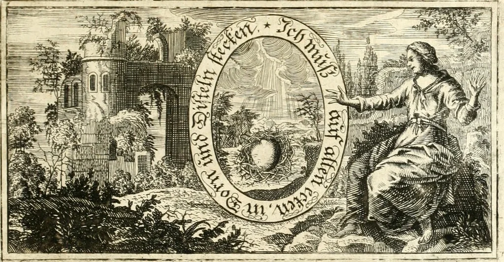 An illustration from Versüssete Bitterkeit, im Leben, Lieben und Leiden : angewiesen von dem Apostel I. Corinth. X. 13. und zu allgemeinen Trost in allerhand geistlichen und leiblichen Anfechtungen, als die weiland mit reiner Gottes-Furcht und edler Tugend-begabte Jungfer Sophie Charlotte Weigbers, den 13. Martij Morgens umb 10. Uhr des 1683. Jahrs, ihr Christlich und rühmlich-geführtes Leben im 14. Jahr Ihres Alters, mit ungemeiner Gedult und Freuden-Müthigkeit in wahren Glauben und Vertrauen auff das theurste verdienst Jesu Christij seelig beschlossen : und dero entseelter Leib den 20. Martij bey hoher Gegenwart und sonst ungemeiner Volckreicher Versamlung in der teutschen Kirchen zu S. Peter allhie seiner Ruhe-Kammer einverleibet wurde, 1685, leaf 108
