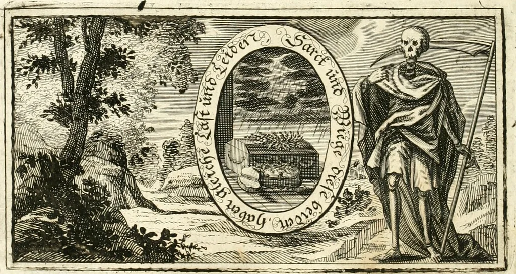 An illustration from Versüssete Bitterkeit, im Leben, Lieben und Leiden : angewiesen von dem Apostel I. Corinth. X. 13. und zu allgemeinen Trost in allerhand geistlichen und leiblichen Anfechtungen, als die weiland mit reiner Gottes-Furcht und edler Tugend-begabte Jungfer Sophie Charlotte Weigbers, den 13. Martij Morgens umb 10. Uhr des 1683. Jahrs, ihr Christlich und rühmlich-geführtes Leben im 14. Jahr Ihres Alters, mit ungemeiner Gedult und Freuden-Müthigkeit in wahren Glauben und Vertrauen auff das theurste verdienst Jesu Christij seelig beschlossen : und dero entseelter Leib den 20. Martij bey hoher Gegenwart und sonst ungemeiner Volckreicher Versamlung in der teutschen Kirchen zu S. Peter allhie seiner Ruhe-Kammer einverleibet wurde, 1685, leaf 119