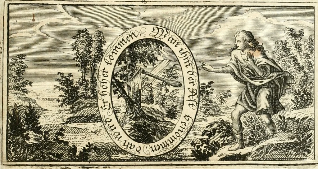 An illustration from Versüssete Bitterkeit, im Leben, Lieben und Leiden : angewiesen von dem Apostel I. Corinth. X. 13. und zu allgemeinen Trost in allerhand geistlichen und leiblichen Anfechtungen, als die weiland mit reiner Gottes-Furcht und edler Tugend-begabte Jungfer Sophie Charlotte Weigbers, den 13. Martij Morgens umb 10. Uhr des 1683. Jahrs, ihr Christlich und rühmlich-geführtes Leben im 14. Jahr Ihres Alters, mit ungemeiner Gedult und Freuden-Müthigkeit in wahren Glauben und Vertrauen auff das theurste verdienst Jesu Christij seelig beschlossen : und dero entseelter Leib den 20. Martij bey hoher Gegenwart und sonst ungemeiner Volckreicher Versamlung in der teutschen Kirchen zu S. Peter allhie seiner Ruhe-Kammer einverleibet wurde, 1685, leaf 156