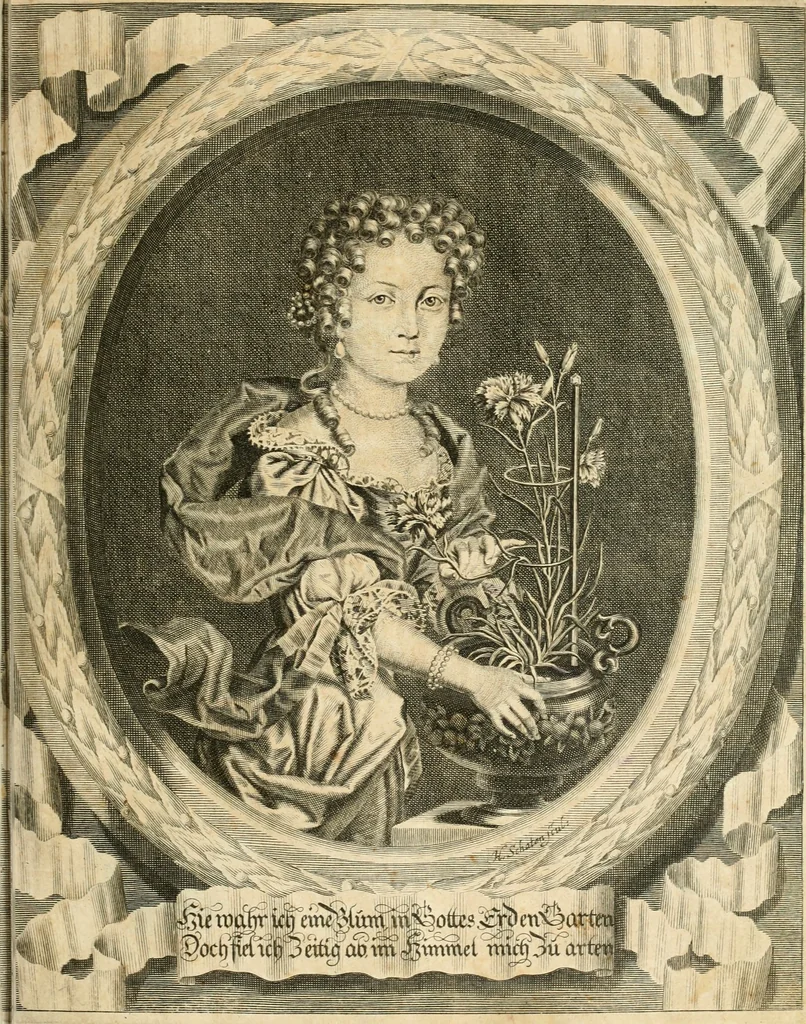 An illustration from Versüssete Bitterkeit, im Leben, Lieben und Leiden : angewiesen von dem Apostel I. Corinth. X. 13. und zu allgemeinen Trost in allerhand geistlichen und leiblichen Anfechtungen, als die weiland mit reiner Gottes-Furcht und edler Tugend-begabte Jungfer Sophie Charlotte Weigbers, den 13. Martij Morgens umb 10. Uhr des 1683. Jahrs, ihr Christlich und rühmlich-geführtes Leben im 14. Jahr Ihres Alters, mit ungemeiner Gedult und Freuden-Müthigkeit in wahren Glauben und Vertrauen auff das theurste verdienst Jesu Christij seelig beschlossen : und dero entseelter Leib den 20. Martij bey hoher Gegenwart und sonst ungemeiner Volckreicher Versamlung in der teutschen Kirchen zu S. Peter allhie seiner Ruhe-Kammer einverleibet wurde, 1685, leaf 18
