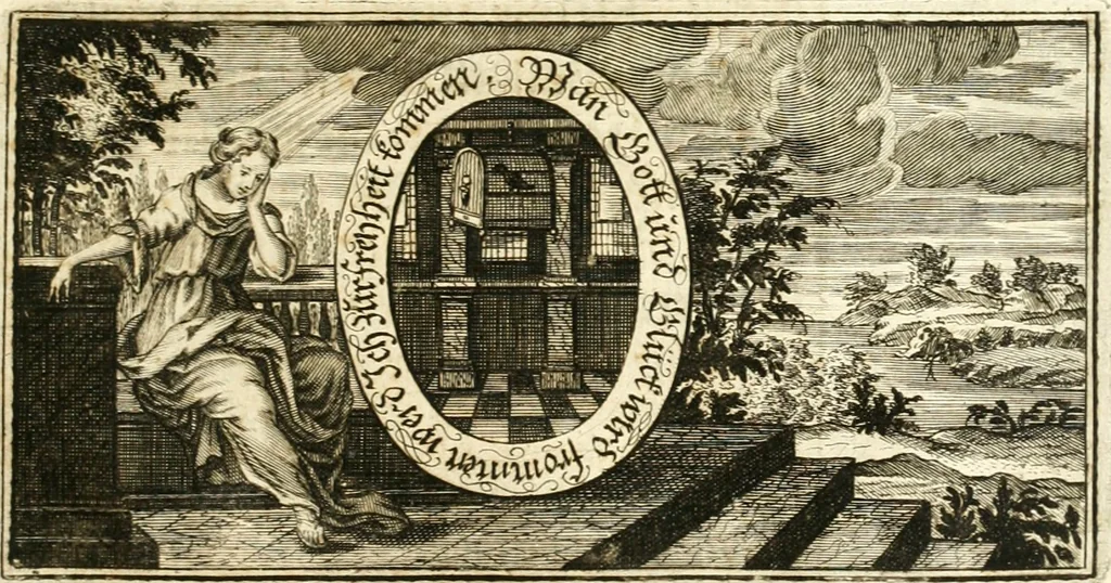 An illustration from Versüssete Bitterkeit, im Leben, Lieben und Leiden : angewiesen von dem Apostel I. Corinth. X. 13. und zu allgemeinen Trost in allerhand geistlichen und leiblichen Anfechtungen, als die weiland mit reiner Gottes-Furcht und edler Tugend-begabte Jungfer Sophie Charlotte Weigbers, den 13. Martij Morgens umb 10. Uhr des 1683. Jahrs, ihr Christlich und rühmlich-geführtes Leben im 14. Jahr Ihres Alters, mit ungemeiner Gedult und Freuden-Müthigkeit in wahren Glauben und Vertrauen auff das theurste verdienst Jesu Christij seelig beschlossen : und dero entseelter Leib den 20. Martij bey hoher Gegenwart und sonst ungemeiner Volckreicher Versamlung in der teutschen Kirchen zu S. Peter allhie seiner Ruhe-Kammer einverleibet wurde, 1685, leaf 198