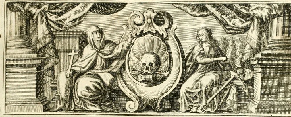 An illustration from Versüssete Bitterkeit, im Leben, Lieben und Leiden : angewiesen von dem Apostel I. Corinth. X. 13. und zu allgemeinen Trost in allerhand geistlichen und leiblichen Anfechtungen, als die weiland mit reiner Gottes-Furcht und edler Tugend-begabte Jungfer Sophie Charlotte Weigbers, den 13. Martij Morgens umb 10. Uhr des 1683. Jahrs, ihr Christlich und rühmlich-geführtes Leben im 14. Jahr Ihres Alters, mit ungemeiner Gedult und Freuden-Müthigkeit in wahren Glauben und Vertrauen auff das theurste verdienst Jesu Christij seelig beschlossen : und dero entseelter Leib den 20. Martij bey hoher Gegenwart und sonst ungemeiner Volckreicher Versamlung in der teutschen Kirchen zu S. Peter allhie seiner Ruhe-Kammer einverleibet wurde, 1685, leaf 20