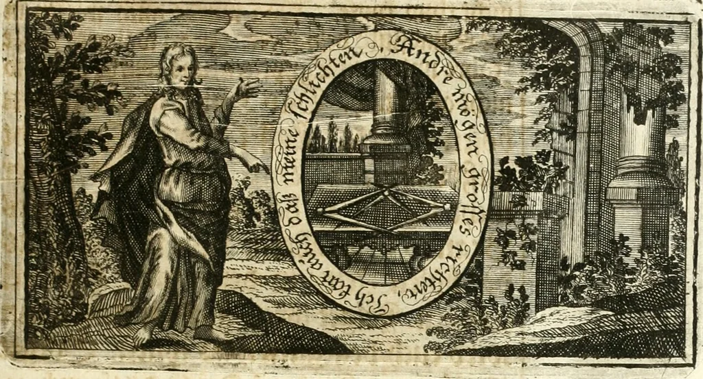 An illustration from Versüssete Bitterkeit, im Leben, Lieben und Leiden : angewiesen von dem Apostel I. Corinth. X. 13. und zu allgemeinen Trost in allerhand geistlichen und leiblichen Anfechtungen, als die weiland mit reiner Gottes-Furcht und edler Tugend-begabte Jungfer Sophie Charlotte Weigbers, den 13. Martij Morgens umb 10. Uhr des 1683. Jahrs, ihr Christlich und rühmlich-geführtes Leben im 14. Jahr Ihres Alters, mit ungemeiner Gedult und Freuden-Müthigkeit in wahren Glauben und Vertrauen auff das theurste verdienst Jesu Christij seelig beschlossen : und dero entseelter Leib den 20. Martij bey hoher Gegenwart und sonst ungemeiner Volckreicher Versamlung in der teutschen Kirchen zu S. Peter allhie seiner Ruhe-Kammer einverleibet wurde, 1685, leaf 206