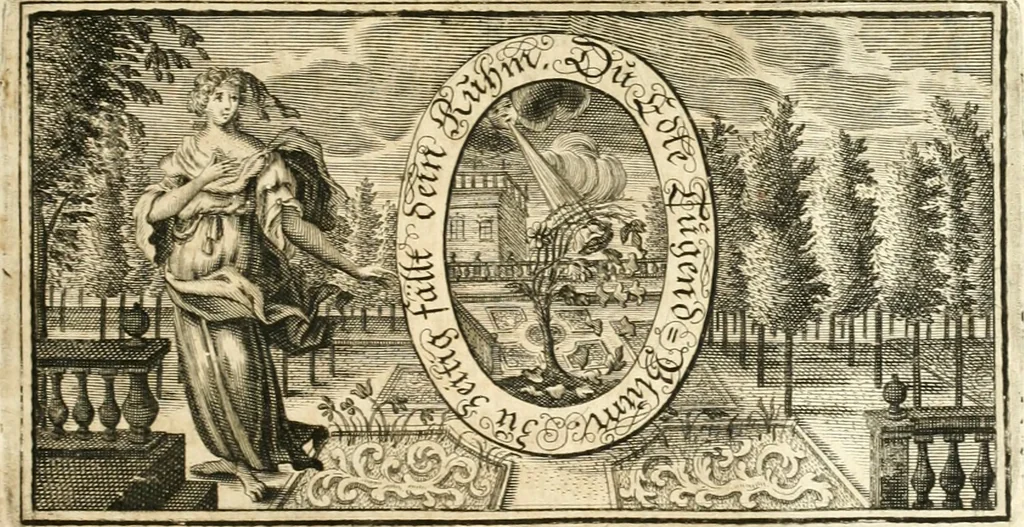 An illustration from Versüssete Bitterkeit, im Leben, Lieben und Leiden : angewiesen von dem Apostel I. Corinth. X. 13. und zu allgemeinen Trost in allerhand geistlichen und leiblichen Anfechtungen, als die weiland mit reiner Gottes-Furcht und edler Tugend-begabte Jungfer Sophie Charlotte Weigbers, den 13. Martij Morgens umb 10. Uhr des 1683. Jahrs, ihr Christlich und rühmlich-geführtes Leben im 14. Jahr Ihres Alters, mit ungemeiner Gedult und Freuden-Müthigkeit in wahren Glauben und Vertrauen auff das theurste verdienst Jesu Christij seelig beschlossen : und dero entseelter Leib den 20. Martij bey hoher Gegenwart und sonst ungemeiner Volckreicher Versamlung in der teutschen Kirchen zu S. Peter allhie seiner Ruhe-Kammer einverleibet wurde, 1685, leaf 220