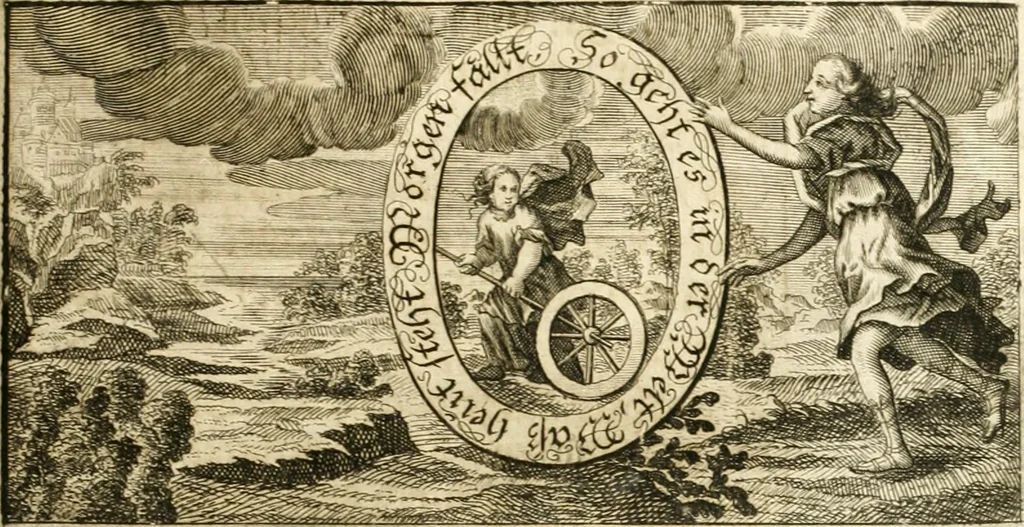 An illustration from Versüssete Bitterkeit, im Leben, Lieben und Leiden : angewiesen von dem Apostel I. Corinth. X. 13. und zu allgemeinen Trost in allerhand geistlichen und leiblichen Anfechtungen, als die weiland mit reiner Gottes-Furcht und edler Tugend-begabte Jungfer Sophie Charlotte Weigbers, den 13. Martij Morgens umb 10. Uhr des 1683. Jahrs, ihr Christlich und rühmlich-geführtes Leben im 14. Jahr Ihres Alters, mit ungemeiner Gedult und Freuden-Müthigkeit in wahren Glauben und Vertrauen auff das theurste verdienst Jesu Christij seelig beschlossen : und dero entseelter Leib den 20. Martij bey hoher Gegenwart und sonst ungemeiner Volckreicher Versamlung in der teutschen Kirchen zu S. Peter allhie seiner Ruhe-Kammer einverleibet wurde, 1685, leaf 242