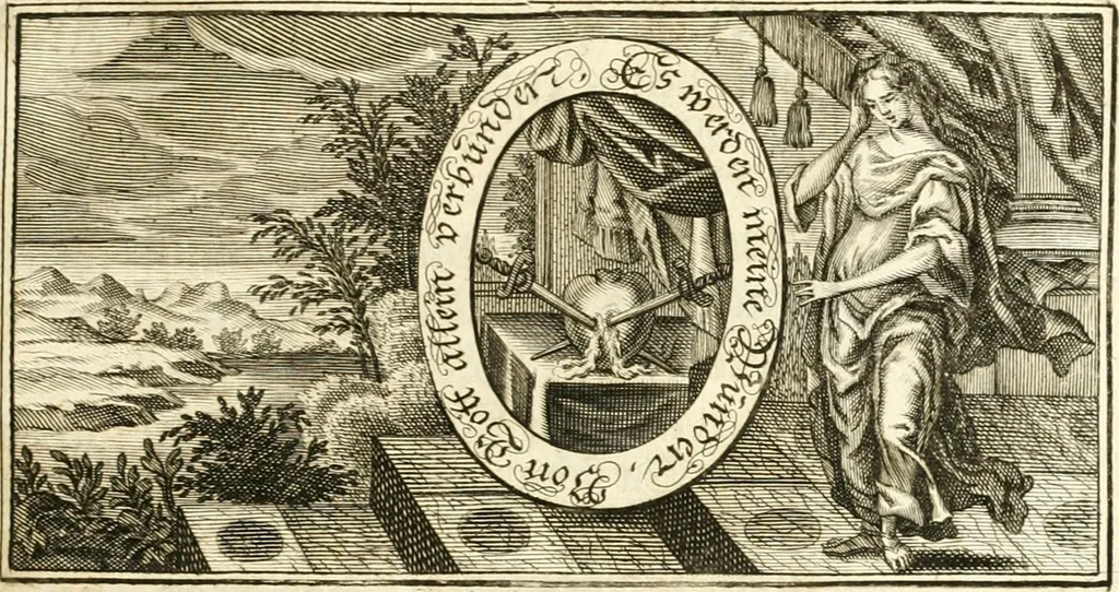 An illustration from Versüssete Bitterkeit, im Leben, Lieben und Leiden : angewiesen von dem Apostel I. Corinth. X. 13. und zu allgemeinen Trost in allerhand geistlichen und leiblichen Anfechtungen, als die weiland mit reiner Gottes-Furcht und edler Tugend-begabte Jungfer Sophie Charlotte Weigbers, den 13. Martij Morgens umb 10. Uhr des 1683. Jahrs, ihr Christlich und rühmlich-geführtes Leben im 14. Jahr Ihres Alters, mit ungemeiner Gedult und Freuden-Müthigkeit in wahren Glauben und Vertrauen auff das theurste verdienst Jesu Christij seelig beschlossen : und dero entseelter Leib den 20. Martij bey hoher Gegenwart und sonst ungemeiner Volckreicher Versamlung in der teutschen Kirchen zu S. Peter allhie seiner Ruhe-Kammer einverleibet wurde, 1685, leaf 256