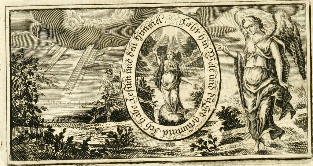 An illustration from Versüssete Bitterkeit, im Leben, Lieben und Leiden : angewiesen von dem Apostel I. Corinth. X. 13. und zu allgemeinen Trost in allerhand geistlichen und leiblichen Anfechtungen, als die weiland mit reiner Gottes-Furcht und edler Tugend-begabte Jungfer Sophie Charlotte Weigbers, den 13. Martij Morgens umb 10. Uhr des 1683. Jahrs, ihr Christlich und rühmlich-geführtes Leben im 14. Jahr Ihres Alters, mit ungemeiner Gedult und Freuden-Müthigkeit in wahren Glauben und Vertrauen auff das theurste verdienst Jesu Christij seelig beschlossen : und dero entseelter Leib den 20. Martij bey hoher Gegenwart und sonst ungemeiner Volckreicher Versamlung in der teutschen Kirchen zu S. Peter allhie seiner Ruhe-Kammer einverleibet wurde, 1685, leaf 283