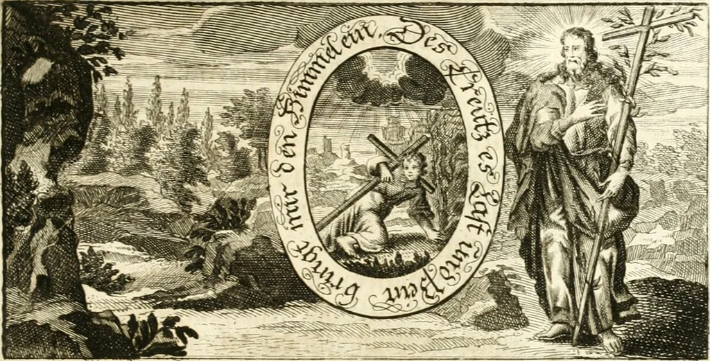 An illustration from Versüssete Bitterkeit, im Leben, Lieben und Leiden : angewiesen von dem Apostel I. Corinth. X. 13. und zu allgemeinen Trost in allerhand geistlichen und leiblichen Anfechtungen, als die weiland mit reiner Gottes-Furcht und edler Tugend-begabte Jungfer Sophie Charlotte Weigbers, den 13. Martij Morgens umb 10. Uhr des 1683. Jahrs, ihr Christlich und rühmlich-geführtes Leben im 14. Jahr Ihres Alters, mit ungemeiner Gedult und Freuden-Müthigkeit in wahren Glauben und Vertrauen auff das theurste verdienst Jesu Christij seelig beschlossen : und dero entseelter Leib den 20. Martij bey hoher Gegenwart und sonst ungemeiner Volckreicher Versamlung in der teutschen Kirchen zu S. Peter allhie seiner Ruhe-Kammer einverleibet wurde, 1685, leaf 362