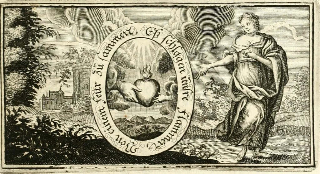 An illustration from Versüssete Bitterkeit, im Leben, Lieben und Leiden : angewiesen von dem Apostel I. Corinth. X. 13. und zu allgemeinen Trost in allerhand geistlichen und leiblichen Anfechtungen, als die weiland mit reiner Gottes-Furcht und edler Tugend-begabte Jungfer Sophie Charlotte Weigbers, den 13. Martij Morgens umb 10. Uhr des 1683. Jahrs, ihr Christlich und rühmlich-geführtes Leben im 14. Jahr Ihres Alters, mit ungemeiner Gedult und Freuden-Müthigkeit in wahren Glauben und Vertrauen auff das theurste verdienst Jesu Christij seelig beschlossen : und dero entseelter Leib den 20. Martij bey hoher Gegenwart und sonst ungemeiner Volckreicher Versamlung in der teutschen Kirchen zu S. Peter allhie seiner Ruhe-Kammer einverleibet wurde, 1685, leaf 368