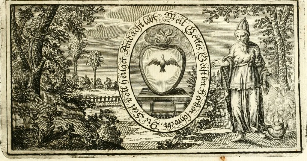 An illustration from Versüssete Bitterkeit, im Leben, Lieben und Leiden : angewiesen von dem Apostel I. Corinth. X. 13. und zu allgemeinen Trost in allerhand geistlichen und leiblichen Anfechtungen, als die weiland mit reiner Gottes-Furcht und edler Tugend-begabte Jungfer Sophie Charlotte Weigbers, den 13. Martij Morgens umb 10. Uhr des 1683. Jahrs, ihr Christlich und rühmlich-geführtes Leben im 14. Jahr Ihres Alters, mit ungemeiner Gedult und Freuden-Müthigkeit in wahren Glauben und Vertrauen auff das theurste verdienst Jesu Christij seelig beschlossen : und dero entseelter Leib den 20. Martij bey hoher Gegenwart und sonst ungemeiner Volckreicher Versamlung in der teutschen Kirchen zu S. Peter allhie seiner Ruhe-Kammer einverleibet wurde, 1685, leaf 374