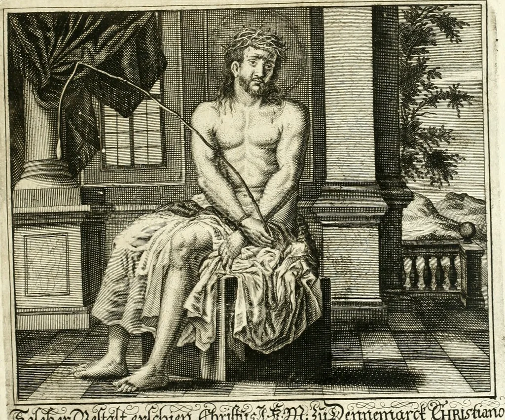 An illustration from Versüssete Bitterkeit, im Leben, Lieben und Leiden : angewiesen von dem Apostel I. Corinth. X. 13. und zu allgemeinen Trost in allerhand geistlichen und leiblichen Anfechtungen, als die weiland mit reiner Gottes-Furcht und edler Tugend-begabte Jungfer Sophie Charlotte Weigbers, den 13. Martij Morgens umb 10. Uhr des 1683. Jahrs, ihr Christlich und rühmlich-geführtes Leben im 14. Jahr Ihres Alters, mit ungemeiner Gedult und Freuden-Müthigkeit in wahren Glauben und Vertrauen auff das theurste verdienst Jesu Christij seelig beschlossen : und dero entseelter Leib den 20. Martij bey hoher Gegenwart und sonst ungemeiner Volckreicher Versamlung in der teutschen Kirchen zu S. Peter allhie seiner Ruhe-Kammer einverleibet wurde, 1685, leaf 382
