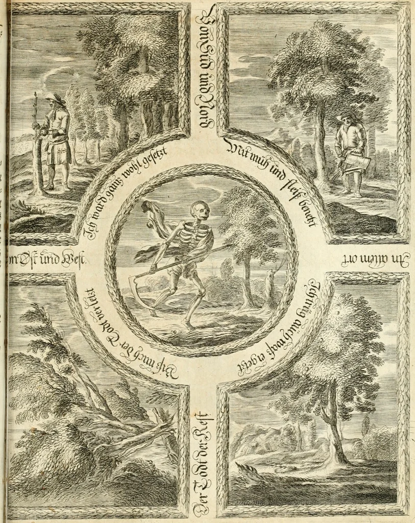 An illustration from Versüssete Bitterkeit, im Leben, Lieben und Leiden : angewiesen von dem Apostel I. Corinth. X. 13. und zu allgemeinen Trost in allerhand geistlichen und leiblichen Anfechtungen, als die weiland mit reiner Gottes-Furcht und edler Tugend-begabte Jungfer Sophie Charlotte Weigbers, den 13. Martij Morgens umb 10. Uhr des 1683. Jahrs, ihr Christlich und rühmlich-geführtes Leben im 14. Jahr Ihres Alters, mit ungemeiner Gedult und Freuden-Müthigkeit in wahren Glauben und Vertrauen auff das theurste verdienst Jesu Christij seelig beschlossen : und dero entseelter Leib den 20. Martij bey hoher Gegenwart und sonst ungemeiner Volckreicher Versamlung in der teutschen Kirchen zu S. Peter allhie seiner Ruhe-Kammer einverleibet wurde, 1685, leaf 390