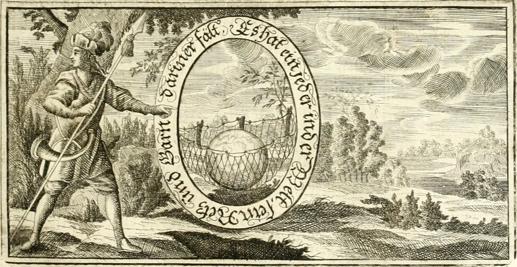 An illustration from Versüssete Bitterkeit, im Leben, Lieben und Leiden : angewiesen von dem Apostel I. Corinth. X. 13. und zu allgemeinen Trost in allerhand geistlichen und leiblichen Anfechtungen, als die weiland mit reiner Gottes-Furcht und edler Tugend-begabte Jungfer Sophie Charlotte Weigbers, den 13. Martij Morgens umb 10. Uhr des 1683. Jahrs, ihr Christlich und rühmlich-geführtes Leben im 14. Jahr Ihres Alters, mit ungemeiner Gedult und Freuden-Müthigkeit in wahren Glauben und Vertrauen auff das theurste verdienst Jesu Christij seelig beschlossen : und dero entseelter Leib den 20. Martij bey hoher Gegenwart und sonst ungemeiner Volckreicher Versamlung in der teutschen Kirchen zu S. Peter allhie seiner Ruhe-Kammer einverleibet wurde, 1685, leaf 94