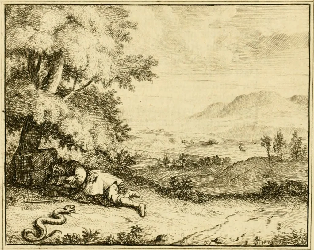 An illustration from Vervolg der leerzaame zinnebeelden ; Spiegel der boetvaardigheid en genade ; en eenige Stichtelyke gezangen, 1758, leaf 91