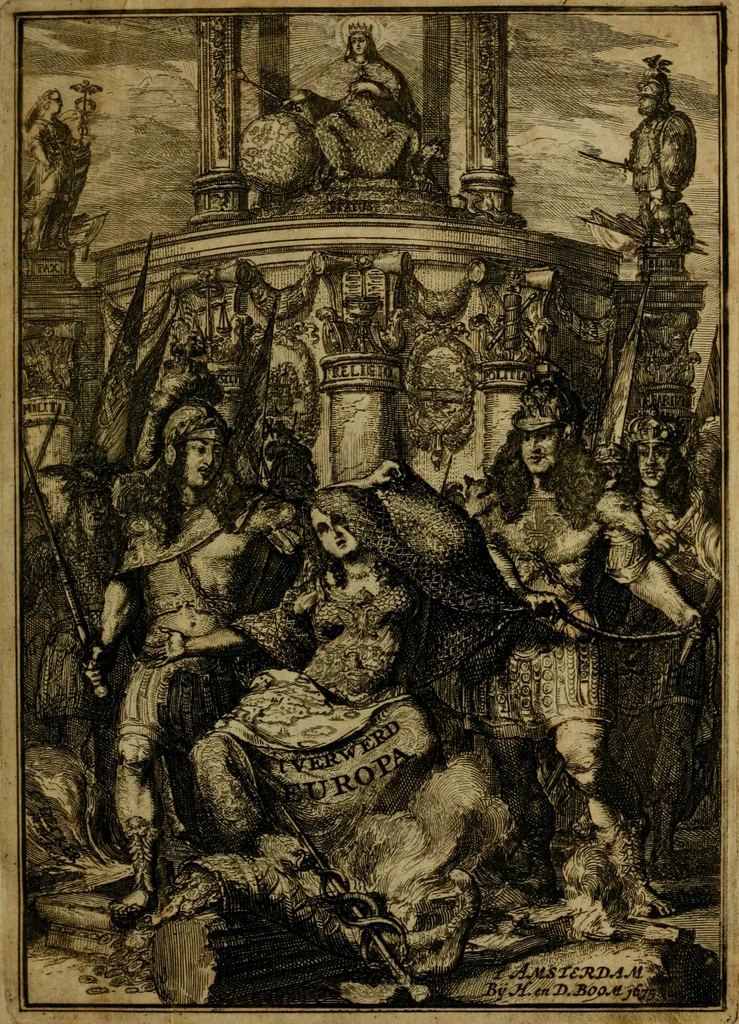 An illustration from 't Verwerd Europa, ofte, Politijke en historische beschryvinge der waare fundamenten en oorsaken van de oorlogen en revolutien in Europa : voornamentlijk in en omtrent de Nederlanden zedert den jaare 1664, gecauseert door de gepretendeerde universele monarchie der Franschen ..., 1675, leaf 6