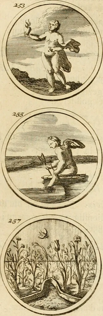 An illustration from Verzámeling van uitgekórene zin-spreuken, en zinnebeeldige print-vercieringen : eertyds, op bevel van den aller doorlugtigsten keizer der Russen, Peter Alexis, of de Gróte, getékent en gesnéden : en nu op nieus verrykt : met agthondert en veertig byschriften in verzen, 1743, leaf 102