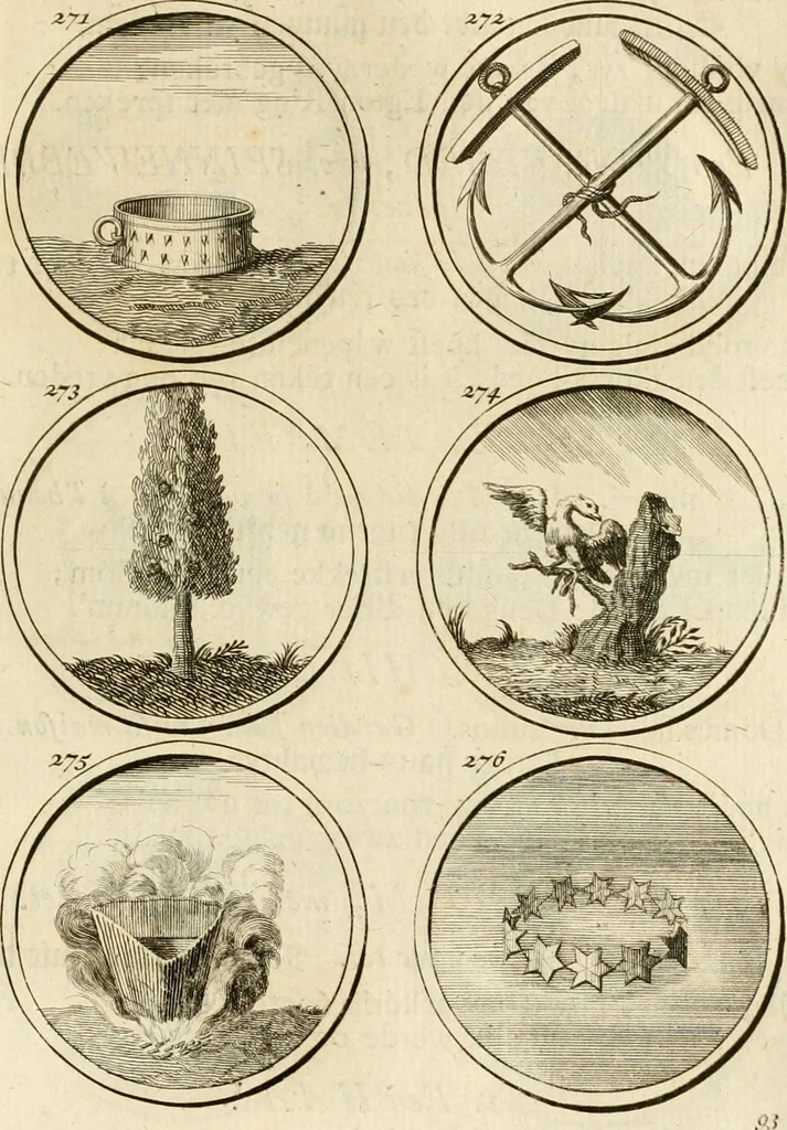 An illustration from Verzámeling van uitgekórene zin-spreuken, en zinnebeeldige print-vercieringen : eertyds, op bevel van den aller doorlugtigsten keizer der Russen, Peter Alexis, of de Gróte, getékent en gesnéden : en nu op nieus verrykt : met agthondert en veertig byschriften in verzen, 1743, leaf 108