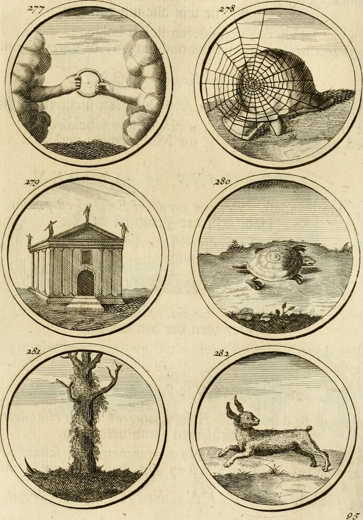 An illustration from Verzámeling van uitgekórene zin-spreuken, en zinnebeeldige print-vercieringen : eertyds, op bevel van den aller doorlugtigsten keizer der Russen, Peter Alexis, of de Gróte, getékent en gesnéden : en nu op nieus verrykt : met agthondert en veertig byschriften in verzen, 1743, leaf 110