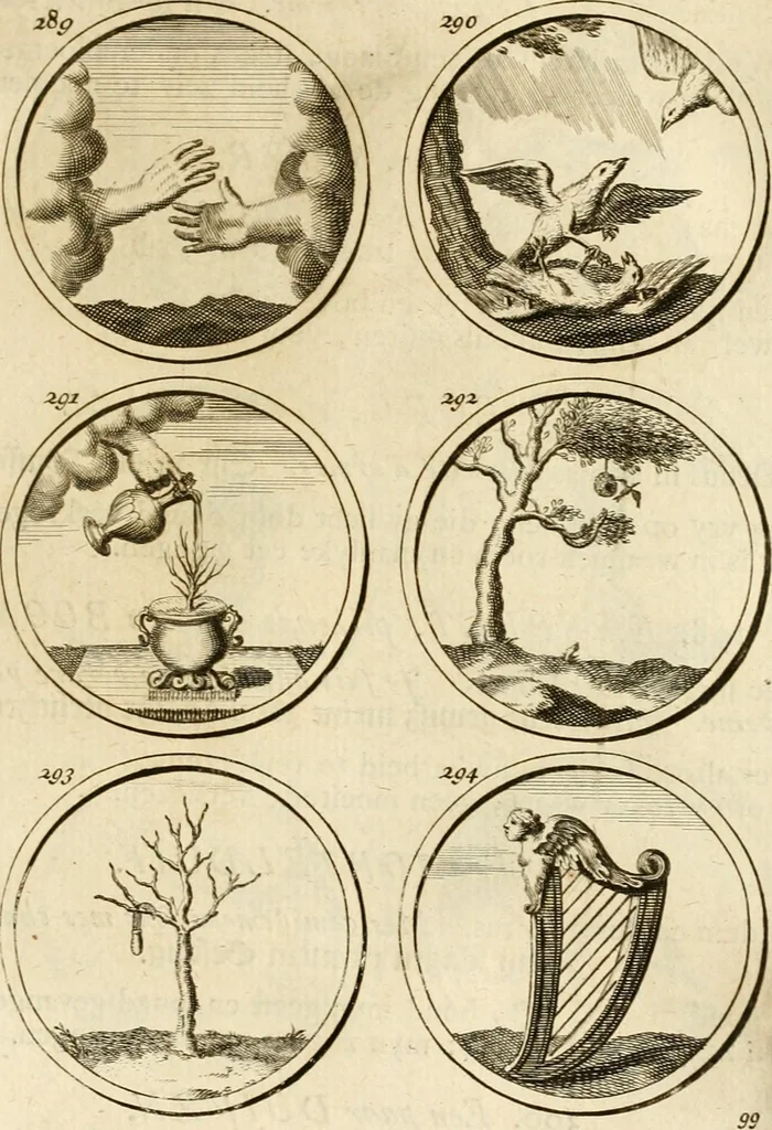 An illustration from Verzámeling van uitgekórene zin-spreuken, en zinnebeeldige print-vercieringen : eertyds, op bevel van den aller doorlugtigsten keizer der Russen, Peter Alexis, of de Gróte, getékent en gesnéden : en nu op nieus verrykt : met agthondert en veertig byschriften in verzen, 1743, leaf 114