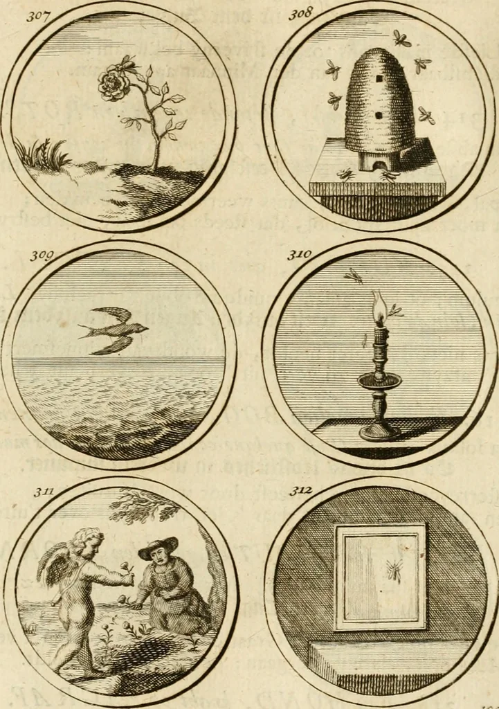 An illustration from Verzámeling van uitgekórene zin-spreuken, en zinnebeeldige print-vercieringen : eertyds, op bevel van den aller doorlugtigsten keizer der Russen, Peter Alexis, of de Gróte, getékent en gesnéden : en nu op nieus verrykt : met agthondert en veertig byschriften in verzen, 1743, leaf 120