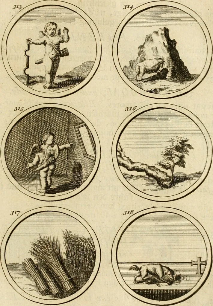 An illustration from Verzámeling van uitgekórene zin-spreuken, en zinnebeeldige print-vercieringen : eertyds, op bevel van den aller doorlugtigsten keizer der Russen, Peter Alexis, of de Gróte, getékent en gesnéden : en nu op nieus verrykt : met agthondert en veertig byschriften in verzen, 1743, leaf 122