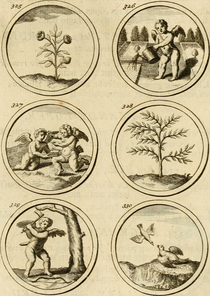 An illustration from Verzámeling van uitgekórene zin-spreuken, en zinnebeeldige print-vercieringen : eertyds, op bevel van den aller doorlugtigsten keizer der Russen, Peter Alexis, of de Gróte, getékent en gesnéden : en nu op nieus verrykt : met agthondert en veertig byschriften in verzen, 1743, leaf 126