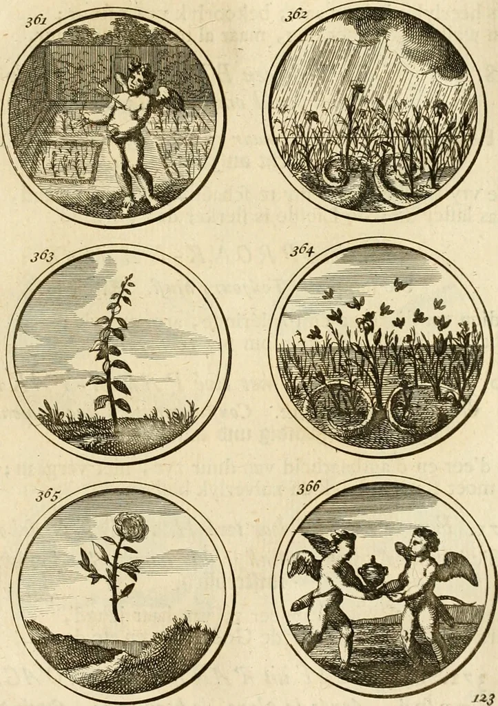 An illustration from Verzámeling van uitgekórene zin-spreuken, en zinnebeeldige print-vercieringen : eertyds, op bevel van den aller doorlugtigsten keizer der Russen, Peter Alexis, of de Gróte, getékent en gesnéden : en nu op nieus verrykt : met agthondert en veertig byschriften in verzen, 1743, leaf 138