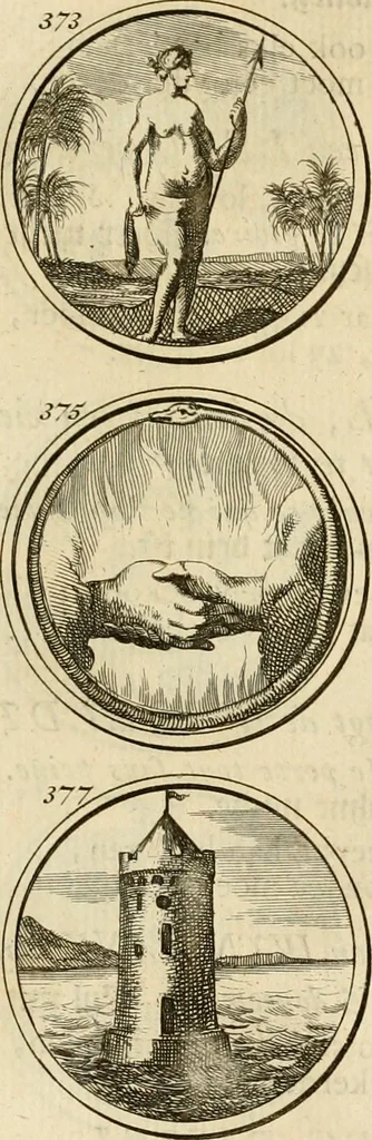 An illustration from Verzámeling van uitgekórene zin-spreuken, en zinnebeeldige print-vercieringen : eertyds, op bevel van den aller doorlugtigsten keizer der Russen, Peter Alexis, of de Gróte, getékent en gesnéden : en nu op nieus verrykt : met agthondert en veertig byschriften in verzen, 1743, leaf 142