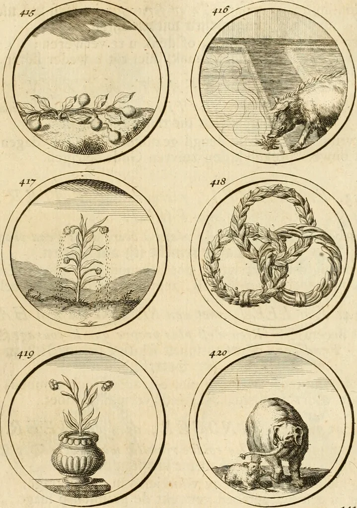 An illustration from Verzámeling van uitgekórene zin-spreuken, en zinnebeeldige print-vercieringen : eertyds, op bevel van den aller doorlugtigsten keizer der Russen, Peter Alexis, of de Gróte, getékent en gesnéden : en nu op nieus verrykt : met agthondert en veertig byschriften in verzen, 1743, leaf 156