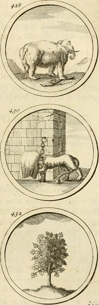 An illustration from Verzámeling van uitgekórene zin-spreuken, en zinnebeeldige print-vercieringen : eertyds, op bevel van den aller doorlugtigsten keizer der Russen, Peter Alexis, of de Gróte, getékent en gesnéden : en nu op nieus verrykt : met agthondert en veertig byschriften in verzen, 1743, leaf 160